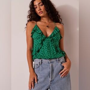 NWT Free People Bella Babe Polka Dot Ruffle Bodysuit Green